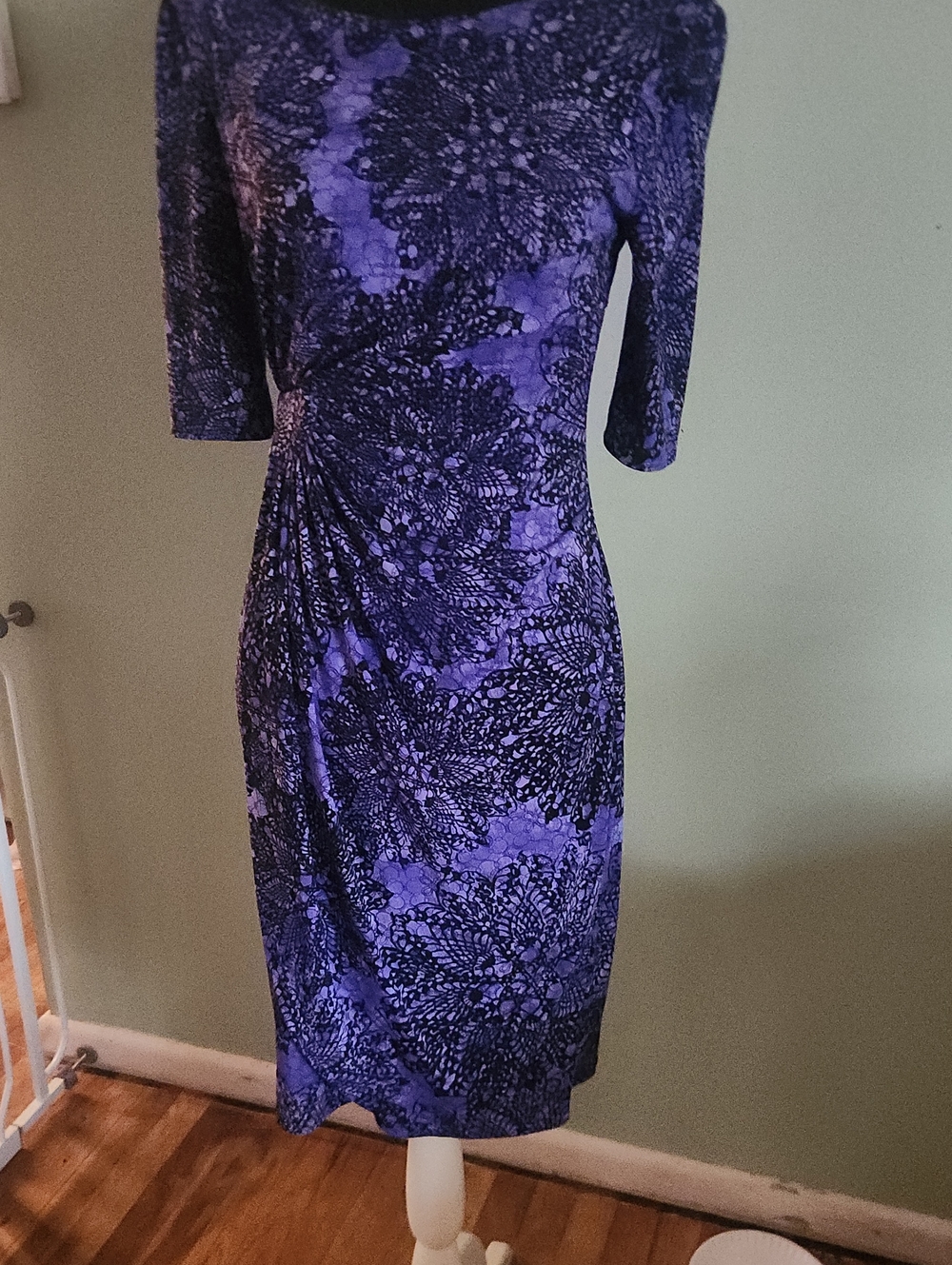 Dress Barn Purple Floral Ruched Midi Dress